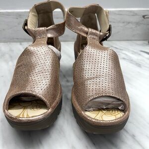 Fly London Y’all Platform Wedge Perforated Metallic Leather Sandals